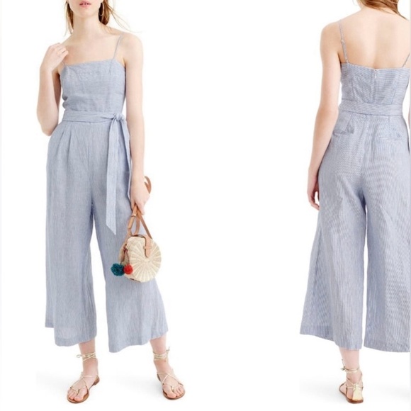J.Crew Stripe Linen Tie Waist stripe Jumpsuit - Picture 4 of 9